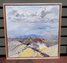Load image into Gallery viewer, Landscape with lots of yellow countryside and pale grey storm clouds. Framed view
