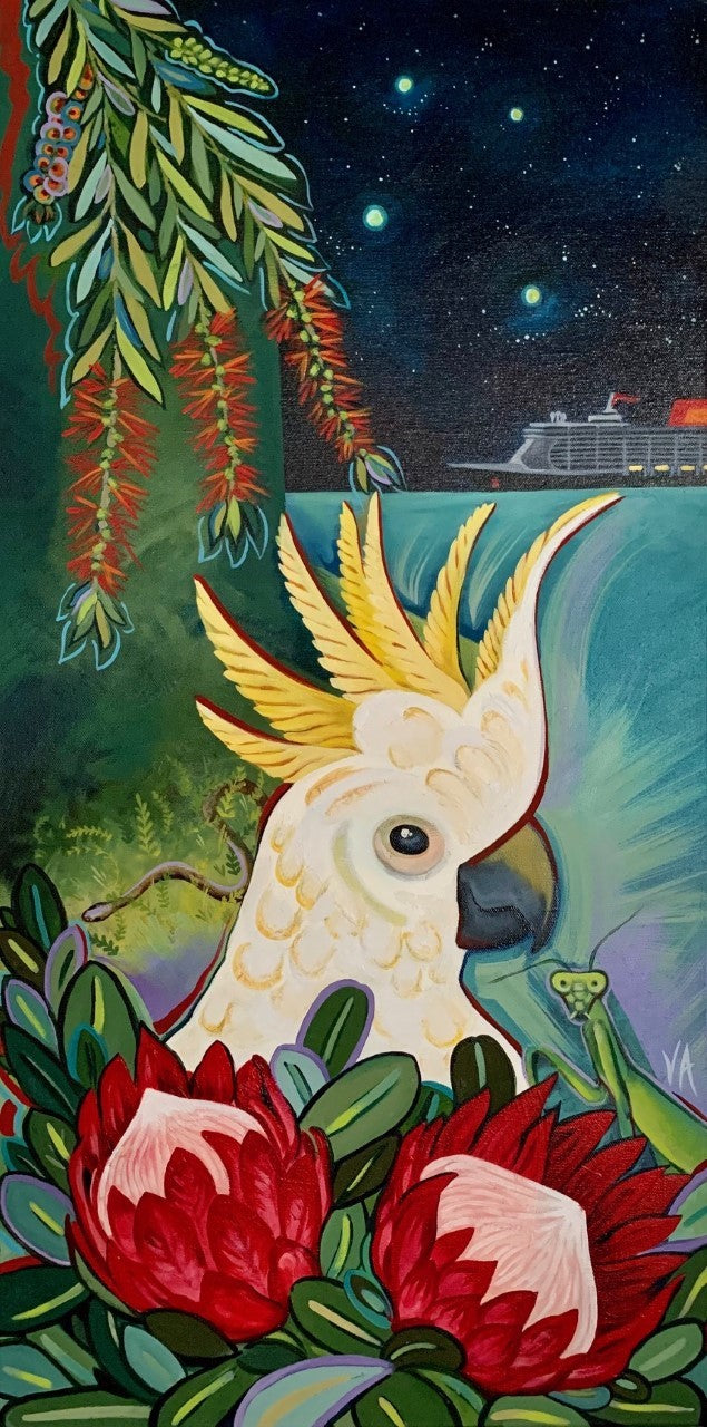 A cockatoo sitting in amongst Waratahs with Callistemon overhead and the ocean and a ship in the distance.