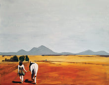 Load image into Gallery viewer, A girl and her horse walking in a desert landscape.
