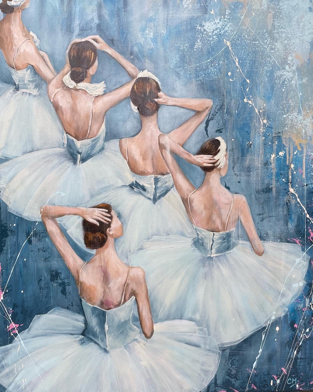 Five ballerinas in white tutus against a blue pastel background.