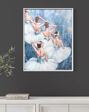 Load image into Gallery viewer, Five ballerinas in white tutus against a blue pastel background. In situ on a taupe wall.
