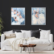 Load image into Gallery viewer, Five ballerinas in white tutus against a blue pastel background. In situ on a wall next to a matching painting of a prima ballerina
