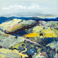 Load image into Gallery viewer, Abstract oil painting of a country landscape with steep hills and lots of colour, yellow, pink, green and blue against a pale blue sky with white clouds.
