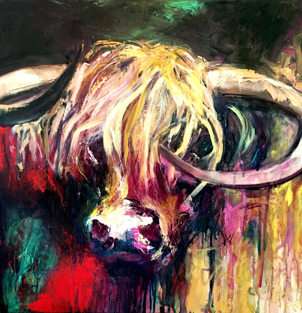 A lovely limited edition print of Curly the bull with his head against a background of emerald, red, gold, pink and black.