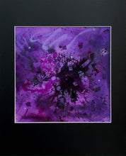 Load image into Gallery viewer, Colour exploding from the Canvas of this abstract artwork in shades of purple with a very deep, dark purple in the centre. Shown here on a matt board.
