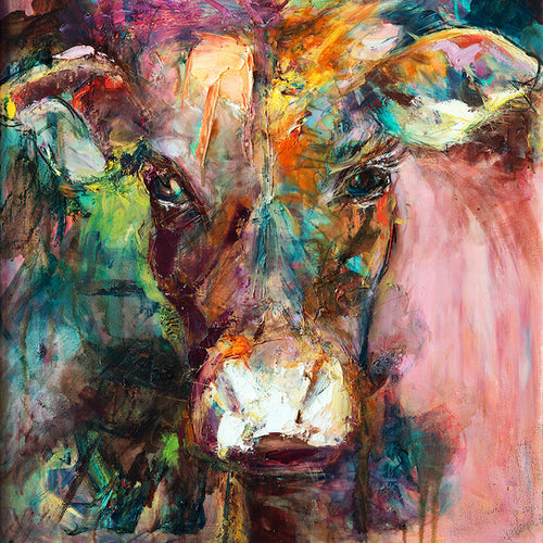 A gorgeous limited edition print of Dairy Queen the cow. Set against a muted, multi coloured background.