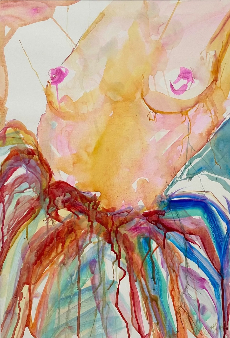 Woman nude from the waist up and wearing a multi coloured skirt.