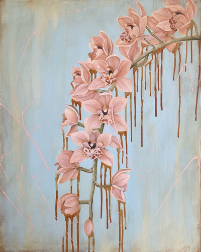 Pale pink tropical flowers on a single branch against a pastel blue background.