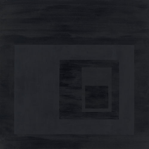 An abstract painting that at first glance appears totally black but on closer observation, you can notice geometrical shapes within the painting.