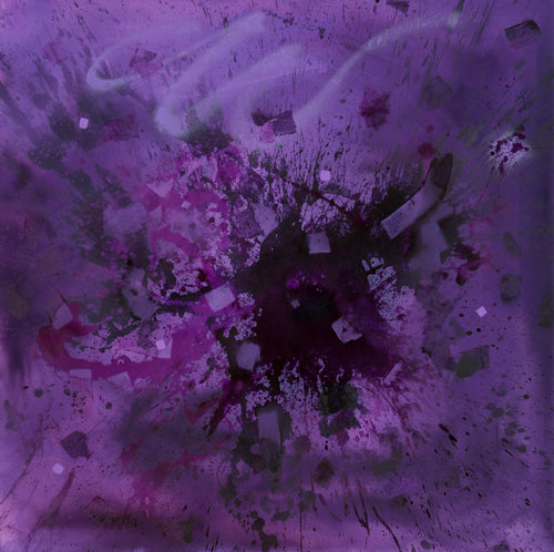 Colour exploding from the Canvas of this abstract artwork in shades of purple with a very deep, dark purple in the centre.