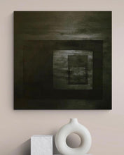 Load image into Gallery viewer, An abstract painting that at first glance appears totally black but on closer observation  you can notice geometrical shapes within the painting. Shown in situ on a light coloured wall.
