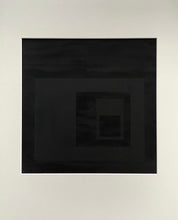 Load image into Gallery viewer, An abstract painting that at first glance appears totally black but on closer observation  you can notice geometrical shapes within the painting. Shown on white matt board.
