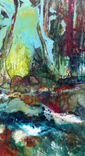 Load image into Gallery viewer, Abstract multicoloured oil painting of a creek, surrounded by trees.
