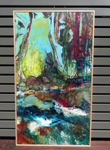 Load image into Gallery viewer, Abstract multicoloured oil painting of a creek, surrounded by trees. Framed view.
