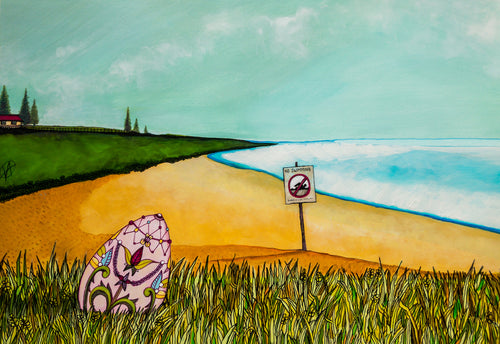 Stylised acrylic painting of a beach with pine trees in the distance and an oversized Easter egg sitting on some grass in the foreground.