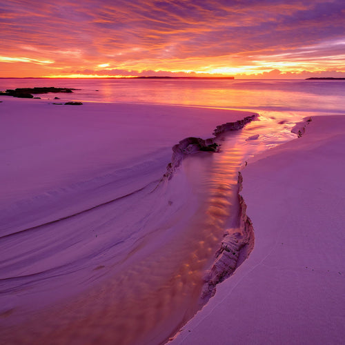 Hyams Beach on the NSW South Coast, sunrise in colours of magenta and golden orange. Square view.