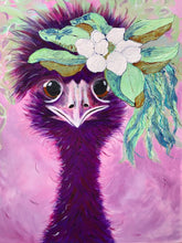 Load image into Gallery viewer, Fun painting of a female emu with a floral headdress made of a magnolia flower against a pink, purple background.
