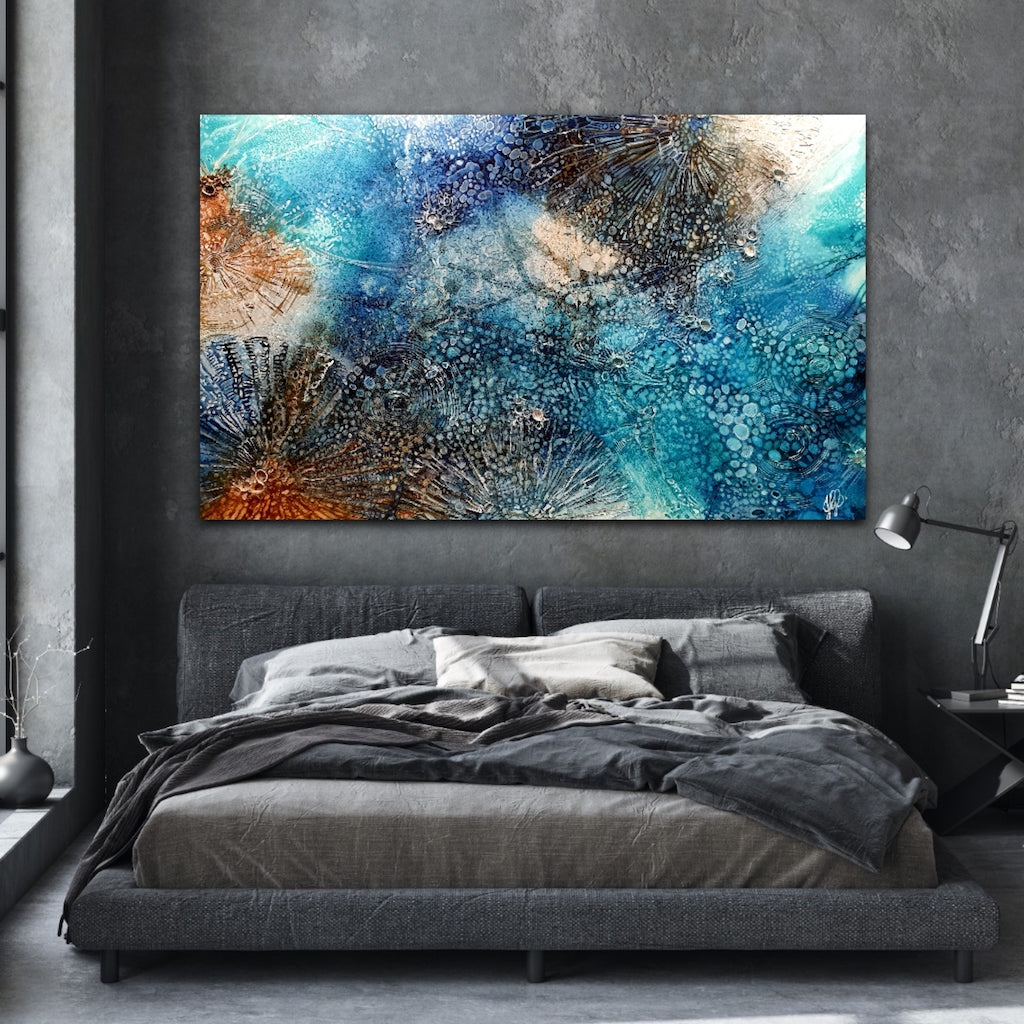 Rockpool oil painting in shades of aqua, turquoise and ochre and off white. Shown in situ on a dark grey bedroom wall.