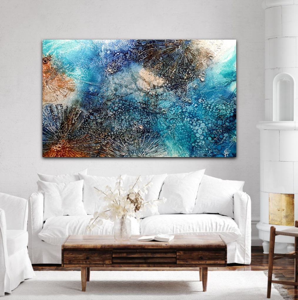 Rockpool oil painting in shades of aqua, turquoise and ochre and off white. Shown in situ on a white wall.