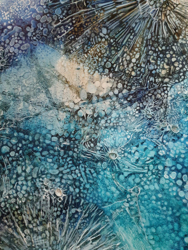 Rockpool oil painting in shades of aqua, turquoise and ochre and off white. Closeup of painting.