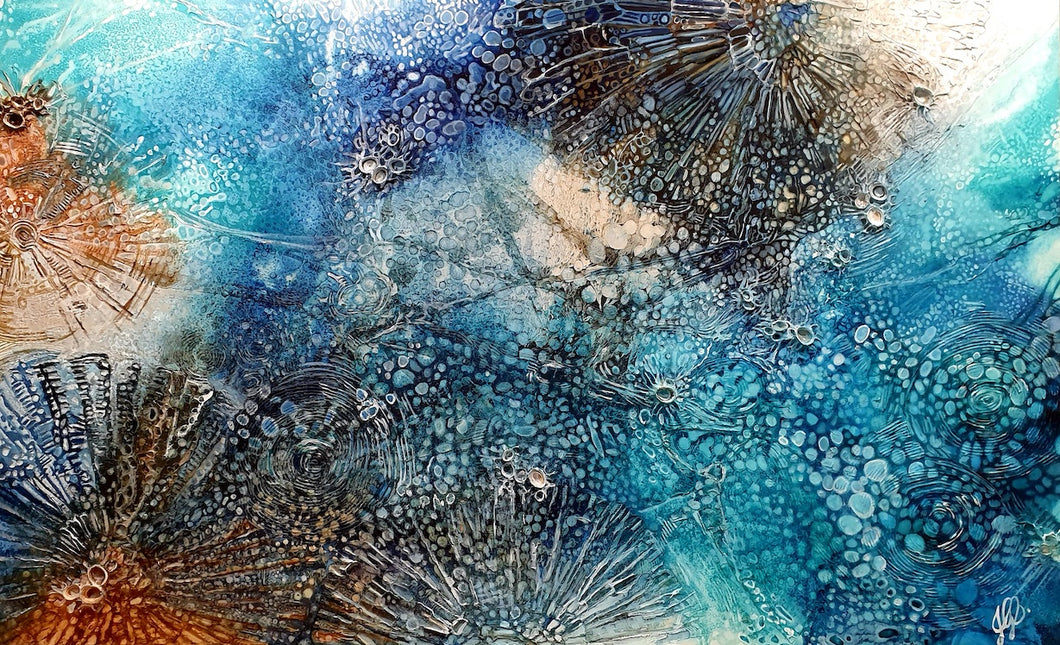 Rockpool oil painting in shades of aqua, turquoise and ochre and off white.
