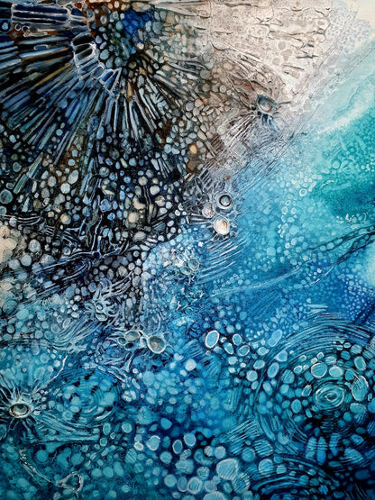 Rockpool oil painting in shades of aqua, turquoise and ochre and off white. Detail view.