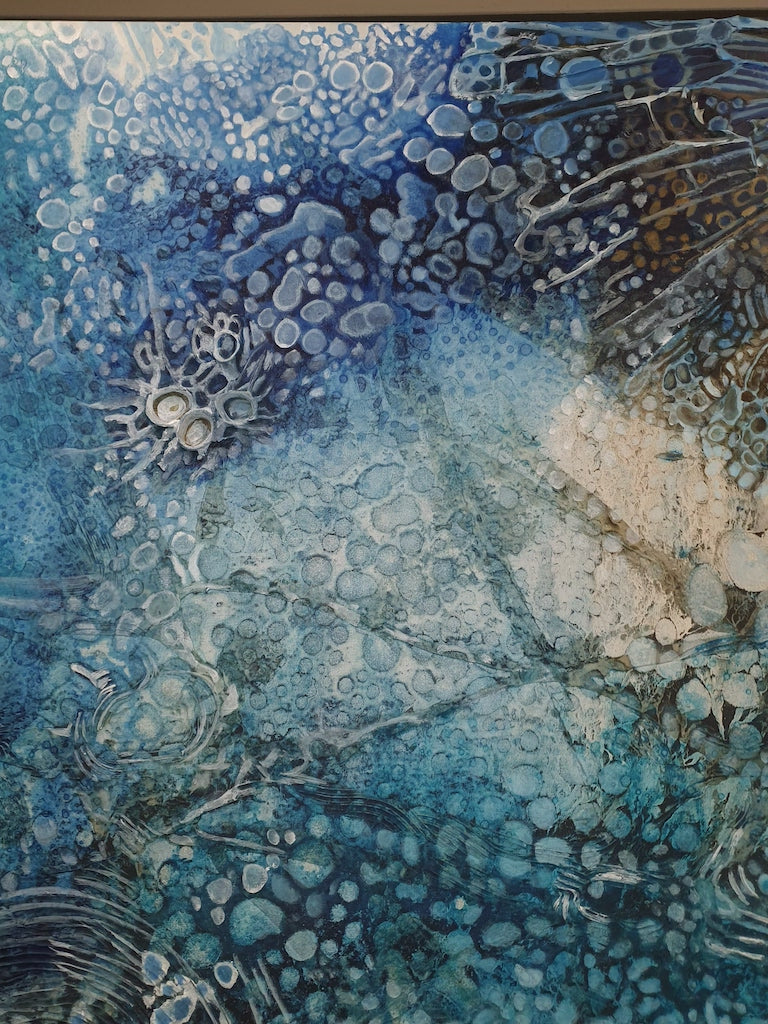 Rockpool oil painting in shades of aqua, turquoise and ochre and off white. Closeup detail shown.