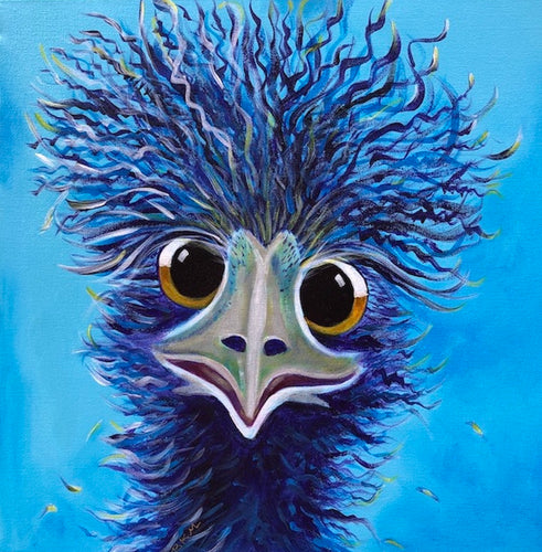 An emu's face with crazy hair sticking sticking straight up. The emu is painted royal blue against an aqua background.