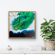 Load image into Gallery viewer, Sailing boat with emerald green spinnaker in a deep blue ocean. Framed, in situ view.
