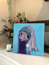 Load image into Gallery viewer, Fun and quirky painting of an emu with a pearl earring. Painting shown in Situ sitting on a shelf.

