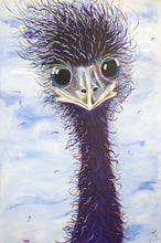 Load image into Gallery viewer, A painting of an emu with blue ringed eyes against a blue and white cloudy sky.
