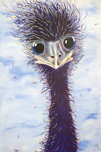 A painting of an emu with blue ringed eyes against a blue and white cloudy sky.
