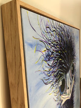Load image into Gallery viewer, A painting of an emu with blue ringed eyes against a blue and white cloudy sky. Detail view.

