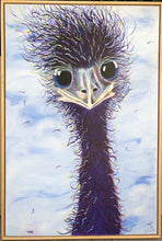 Load image into Gallery viewer, Framed painting of an emu with blue ringed eyes against a blue and white cloudy sky. 
