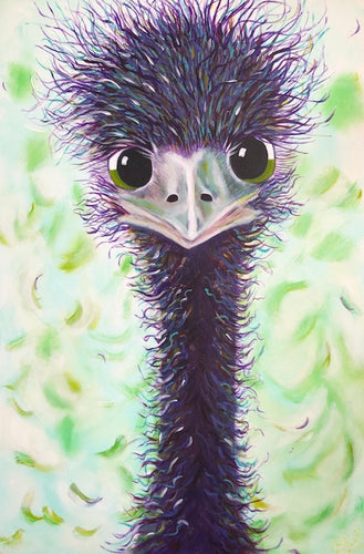 An emu with green ringed eyes, against a green and white fleck background.