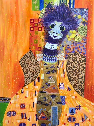 A flamboyantly dressed emu with purple hair, a choker necklace and patchwork 70s inspired clothes against a gold background.
