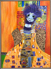 Load image into Gallery viewer, A flamboyantly dressed emu with purple hair, a choker necklace and patchwork 70s inspired clothes against a gold background. Shown in a light oak box frame.
