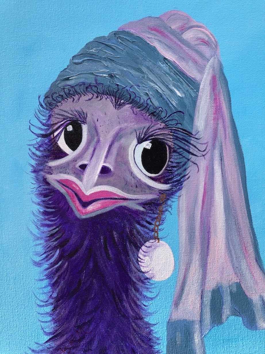 Fun and quirky painting of an emu with a pearl earring.