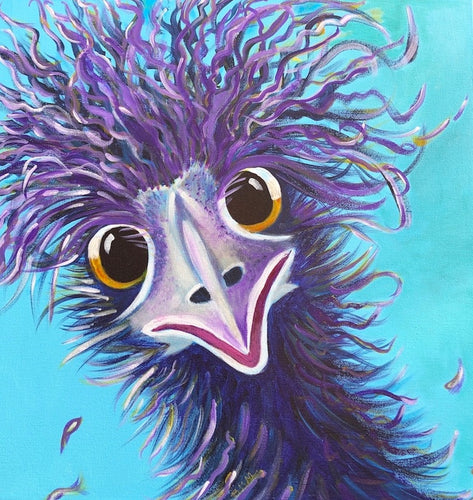 A fun, quirky colourful emu with purple feathers, gold rimmed eyes against an aqua background.