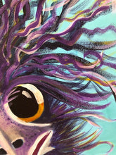 Load image into Gallery viewer, A fun, quirky colourful emu with purple feathers, gold rimmed eyes against an aqua background. Shown in detail.
