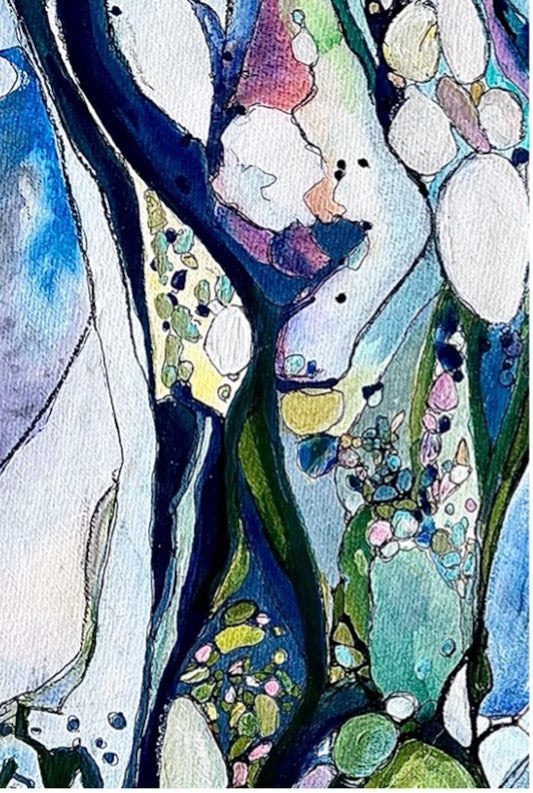 Detail of a contemporary abstract painting in shades of light blue, dark blue, turquoise, citrus, pink and white.