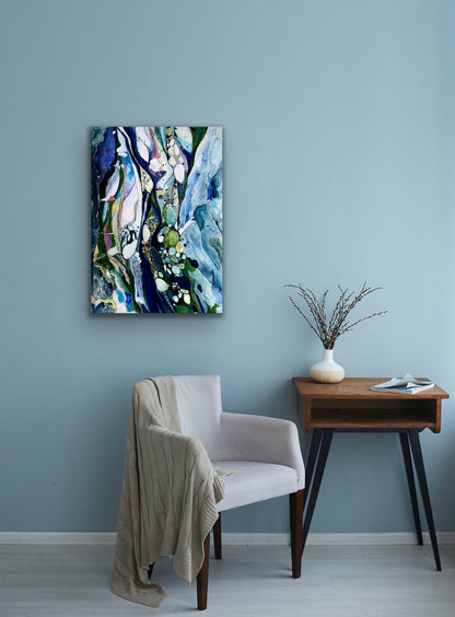 Contemporary abstract painting in shades of light blue, dark blue, turquoise, citrus, pink and white. Shown on a teal sitting room wall.