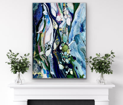 Contemporary abstract painting in shades of light blue, dark blue, turquoise, citrus, pink and white. Shown on a white wall above a mantelpiece