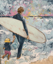 Load image into Gallery viewer, A father standing on the water&#39;s edge with a surfboard under his arm, holding his son&#39;s hand. Painting in muted colours.
