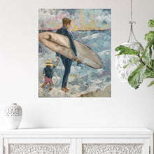 Load image into Gallery viewer, A father standing on the water&#39;s edge with a surfboard under his arm, holding his son&#39;s hand. Painting in muted colours. Shown in situ on a white wall.
