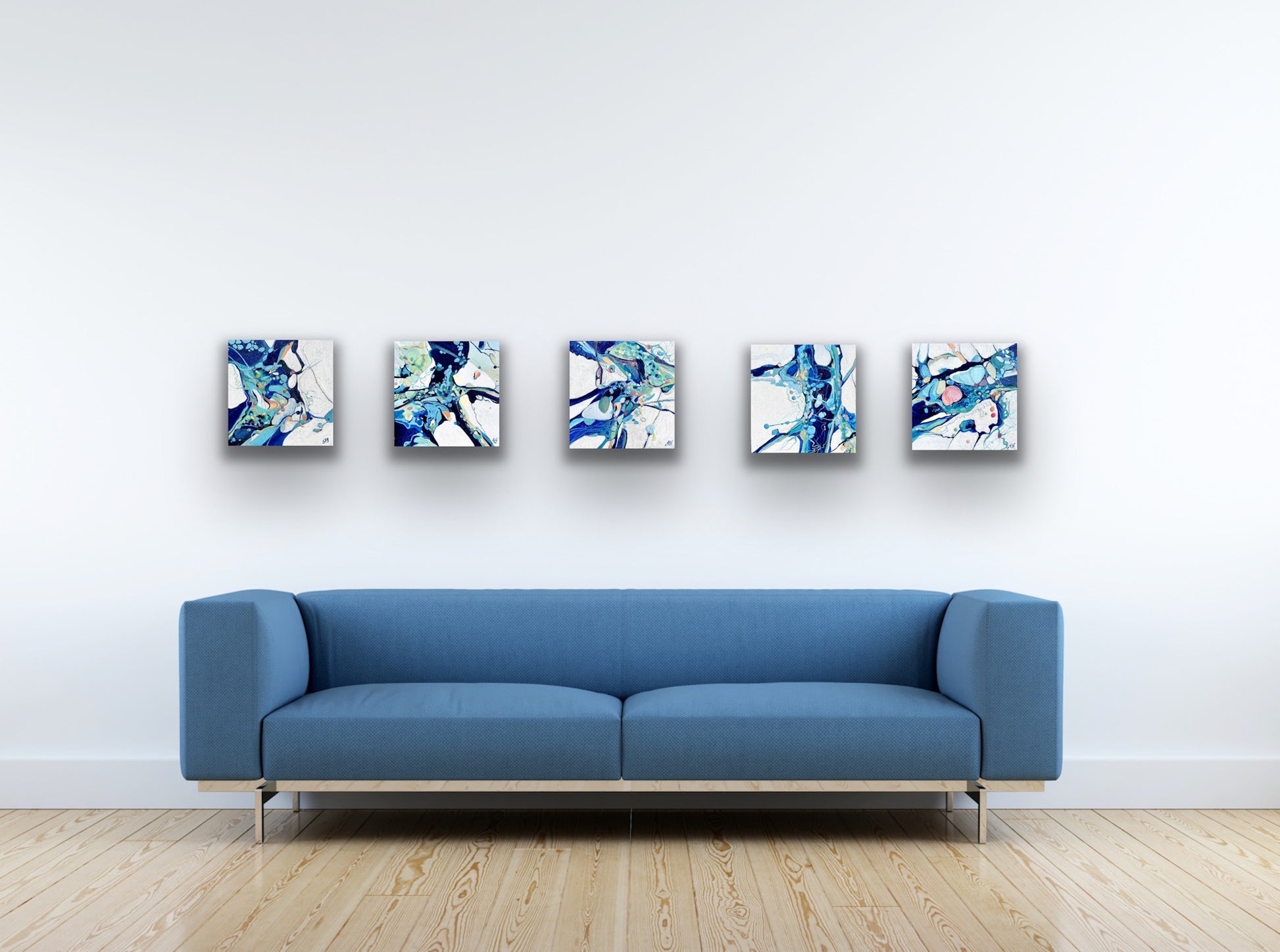 5 small contemporary abstract paintings in shades of blue, aqua, turquoise, green, pink, ochre and white. Shown hanging in a row on a white wall.