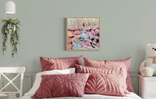 Load image into Gallery viewer, Florence Creek, Kakadu, Northern Territory, a refreshingly beautiful swimming hole painted in pastel pink and blue. In situ on a pale sage green bedroom wall.
