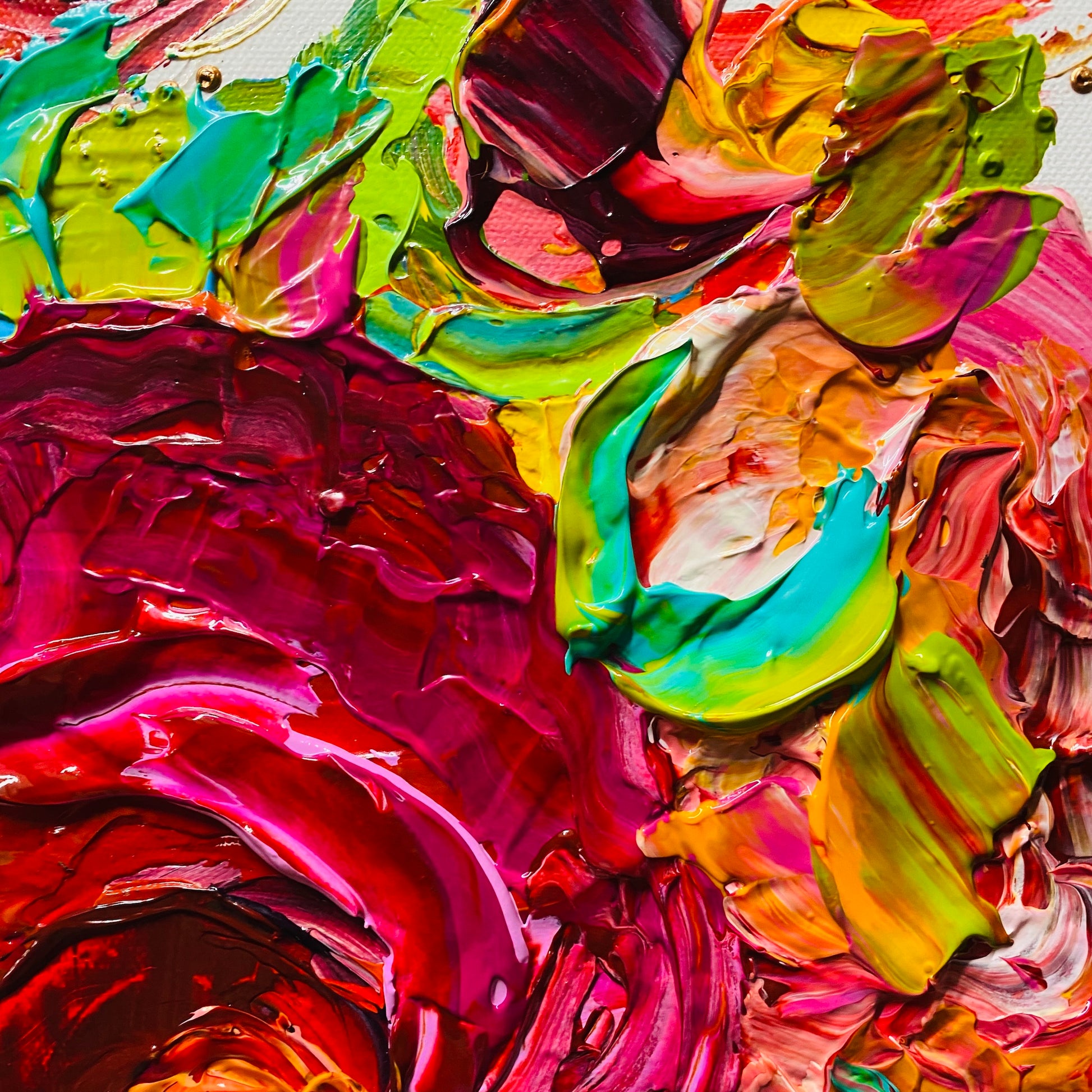 Kerry Bruce Flowers for Me original artwork 40cm x40cm Acrylic on Canvas White oak Box frame, textural features highlighted