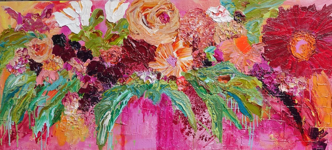 Multicoloured blooms against a hot pink background.