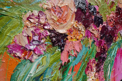 Multicoloured blooms against a hot pink background. Detail view 2.